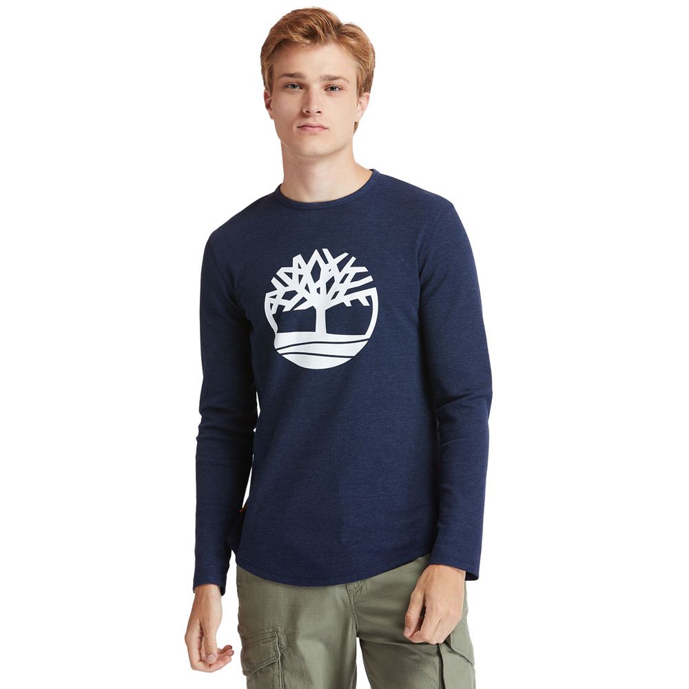 Camisetas Timberland Argentina Hombre - Dyer River Slim-Fit Tree-Logo - Azul Marino - HCGZYR-590